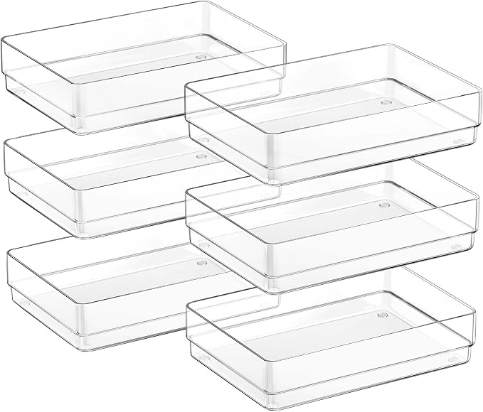 SMARTAKE 6 PCS Clear Plastic Drawer Organizers Set, Large Size Non-Slip Desk by SMARTAKE