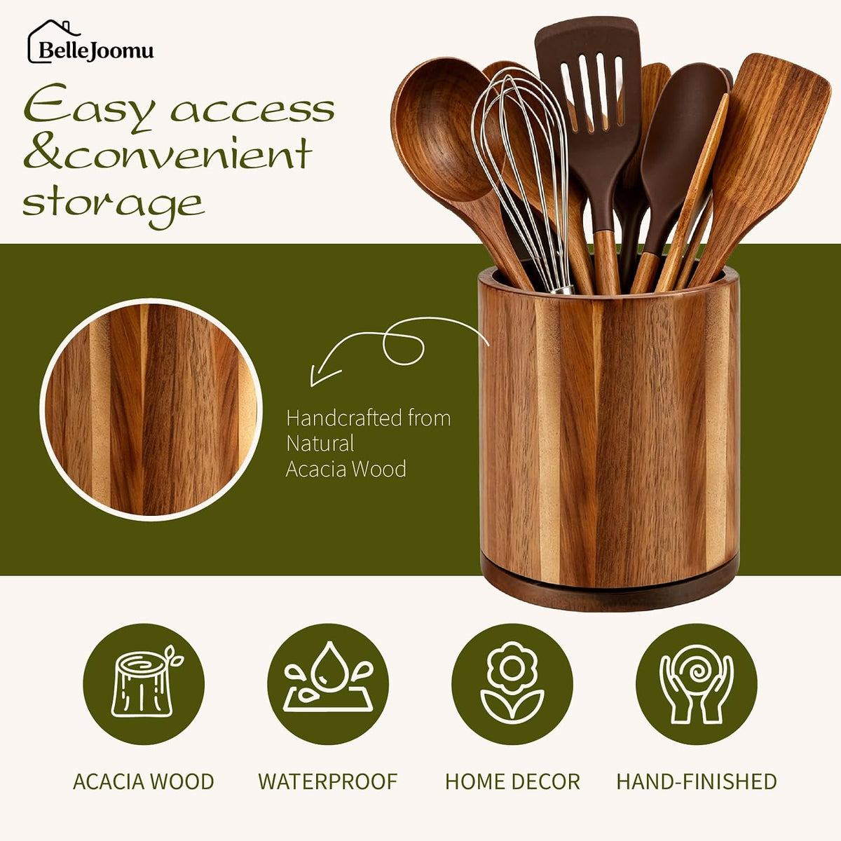 Kitchen Utensil Holder, 360 Rotating Acacia Wood Countertop
