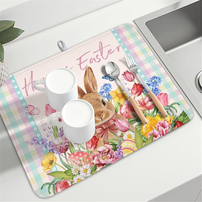 Easter Bunny Dish Drying Mat for Kitchen Counter Happy Easter Rabbit Floral - Image 8