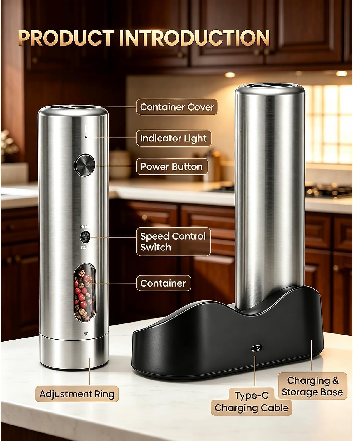 High & Low Variable Speeds Electric Salt and Pepper Grinder Set