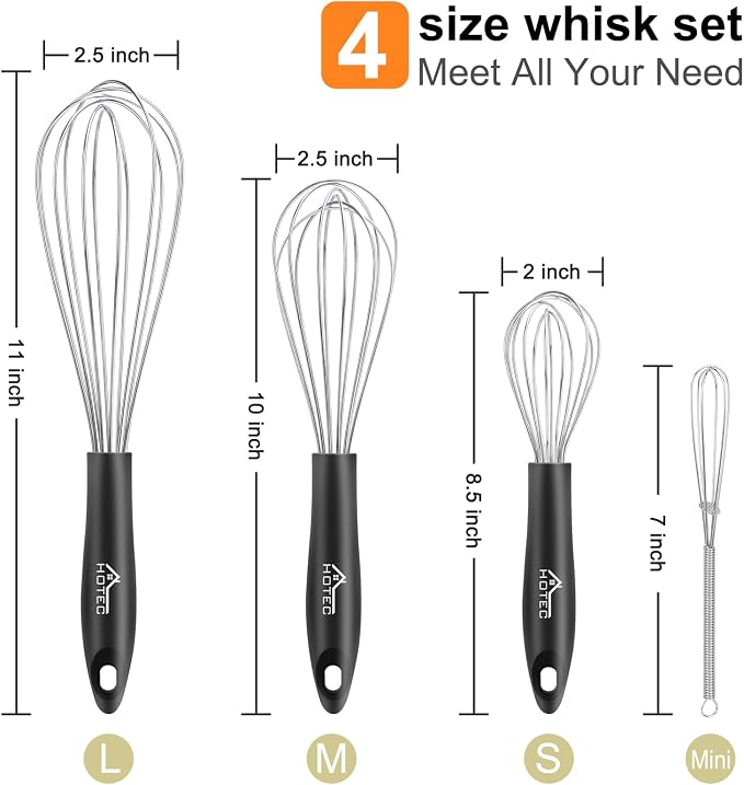 HOTEC 4 Pieces Stainless Steel Whisks Set, Wire Balloon Whisks Egg Beater - Image 8