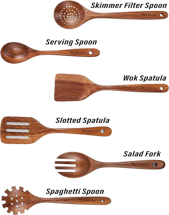 6-Piece Teak Wooden Kitchen Utensil Set – Nonstick Safe Cooking Spoons & - Image 3