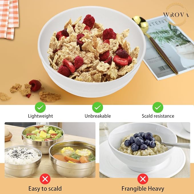 Wrova Wheat Straw Bowls Set 60 OZ, Unbreakable Large White Bowls Set of 6 - Image 4