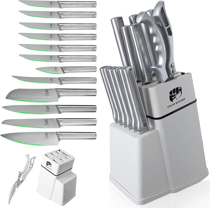 FULLHI 14pcs Knife Block Set, Dishwasher Safe Kitchen Knife Set by ExpertForPortableAndButcherKnifeSet