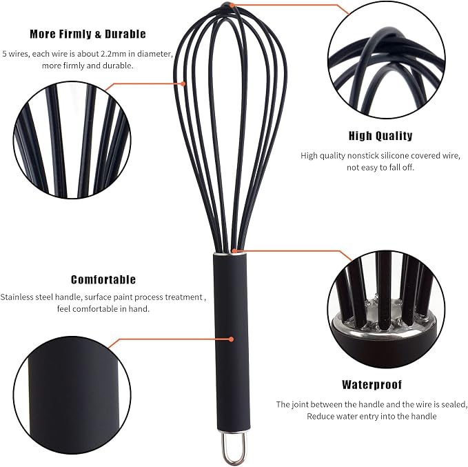 GorGin high temperature and easy to clean silicone whisk, 10 inch, grip good - Image 2