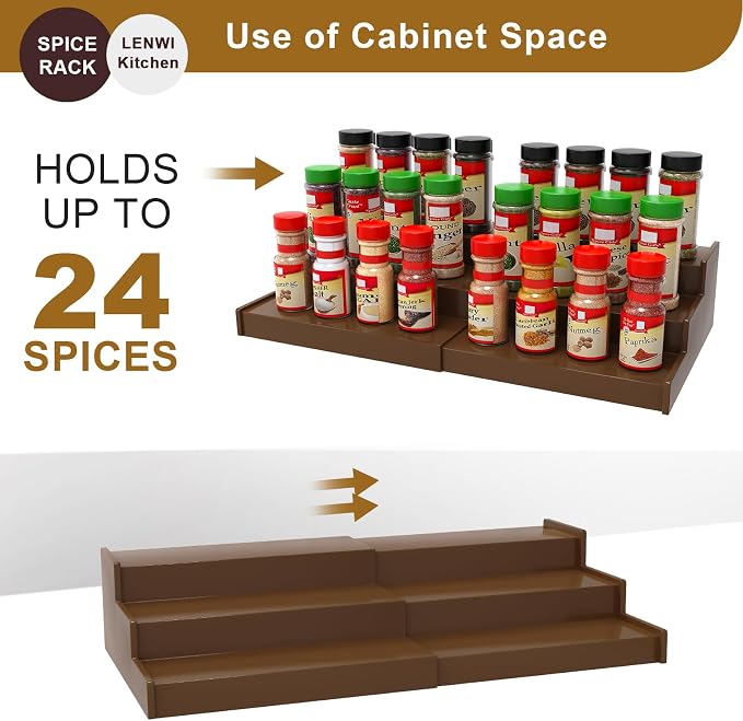 Lenwi Spice Rack Organizer for Cabinet 2 Pack, 3 Tier Expandable Bamboo Spice - Image 3