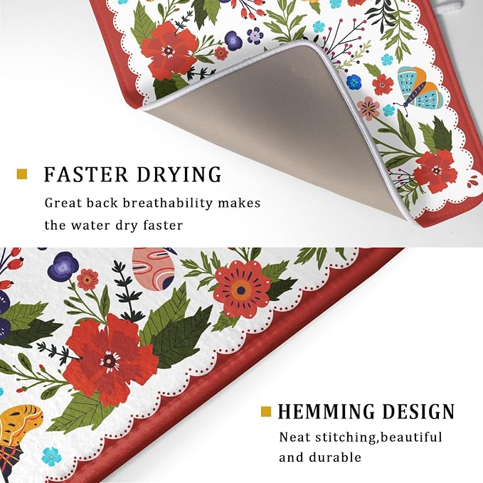Large Microfiber Dish Drying Mat Red Floral Absorbent Drying Pad - Image 3