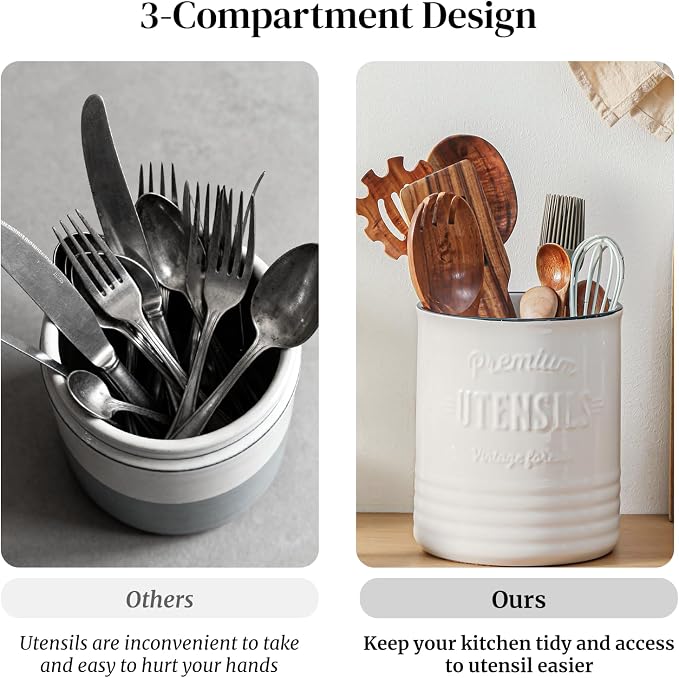 DOWAN 3 Compartment Kitchen Utensil Holder, 7.2″ Extra-Large Ceramic Stable - Image 5