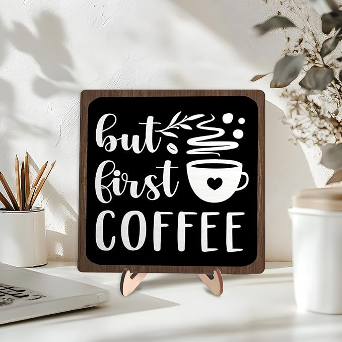 Vintage Coffee Bar Wooden Plaque Desk Sign, Farmhouse Wood Plaque Tabletop Decor - Image 3