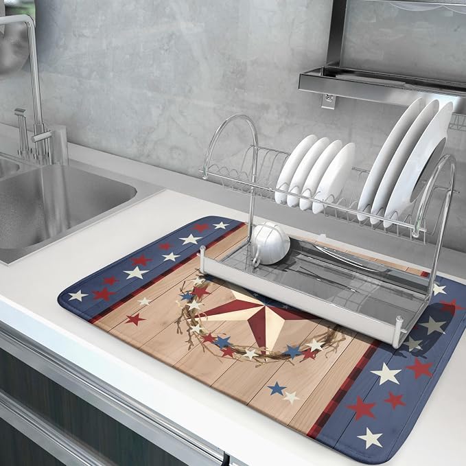 4th of July Dish Drying Mat for Kitchen Counter Patriotic Farmhouse Rustic - Image 5