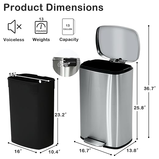 50 Liter / 13 Gallon Kitchen Trash Can, Stainless Steel - Image 6