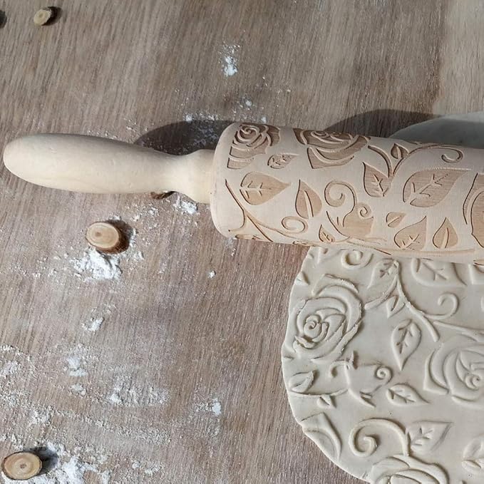 Wooden Rolling Pin, Rose Flower Embossed Engraved Carved Rolling Pin, - Image 6