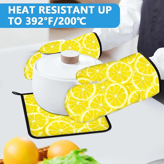 Watercolor Lemon Oven Mitts and Pot Holders Sets Heat Resistant 4Pcs Potholders - Image 5