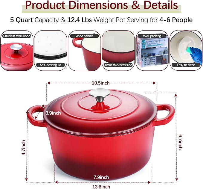 E-far Dutch Oven Pot with Lid, 5 Quart Enameled Cast Iron Round Dutch Oven - Image 2