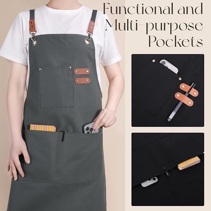 Chef Aprons for Men Women with Large Pockets, Cotton Canvas Water Repellent - Image 3