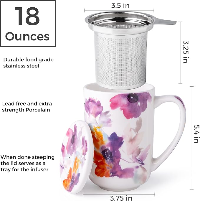 AmorArc Porcelain Tea Mug with Infuser and Lids, 18 Oz Large Cup Strainer with - Image 3