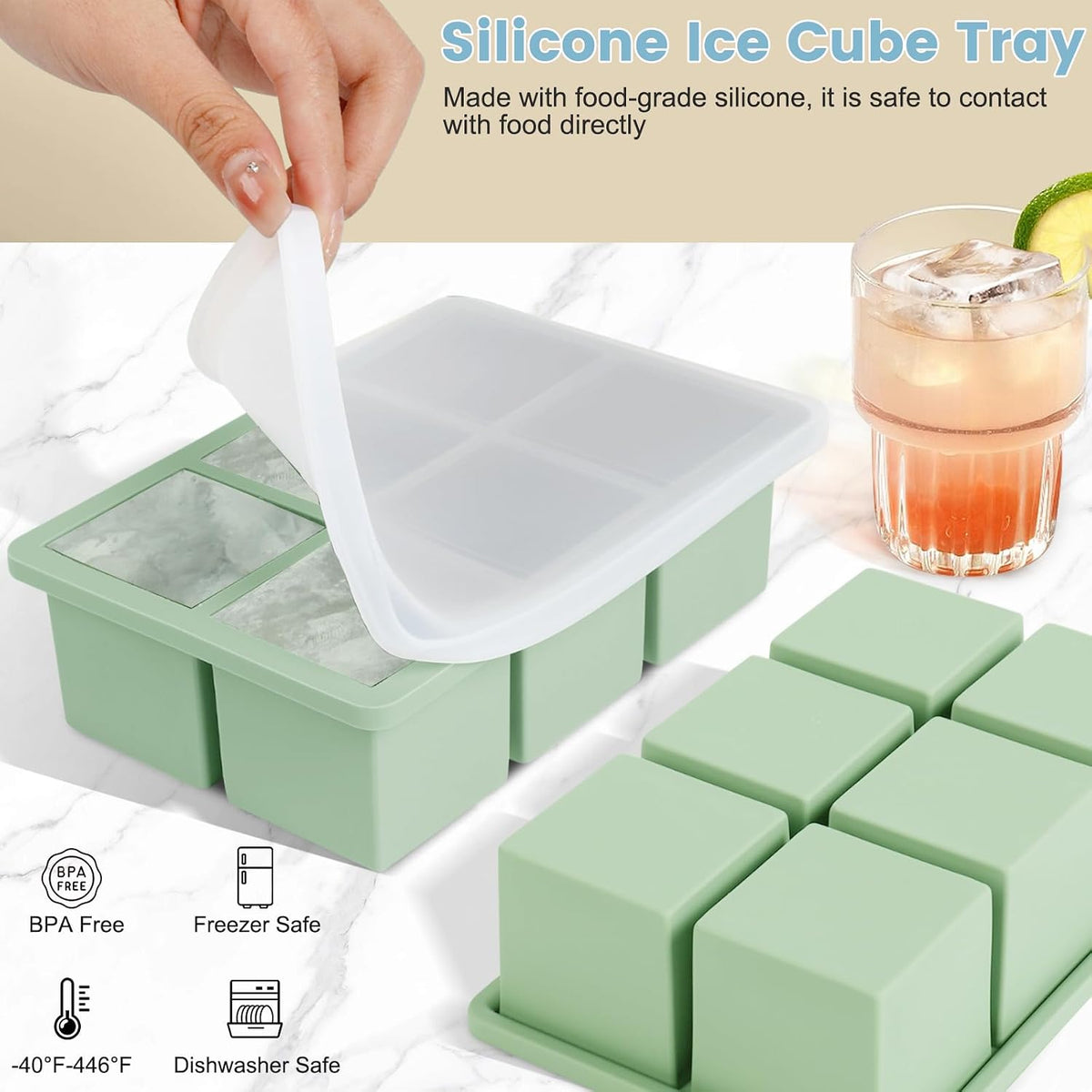Large Silicone Ice Cube Tray 3Pack, SAWNZC Big Square Ice Cube Molds