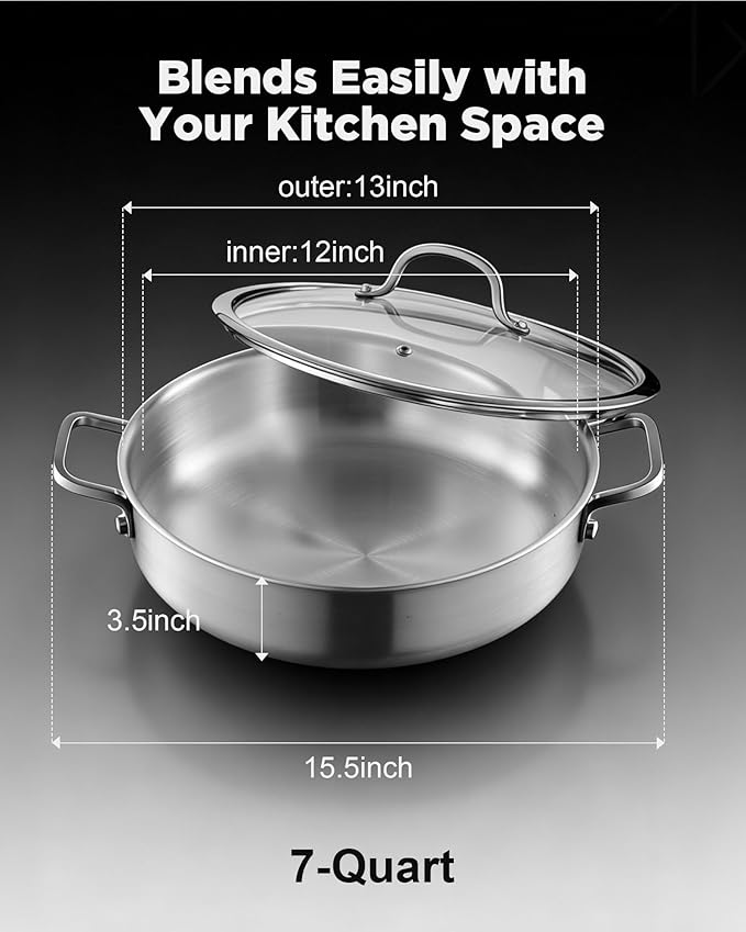 Saute Pan with Lid, 12 Inch 7QT Tri-Ply Stainless Steel Braiser Pan, Deep - Image 3