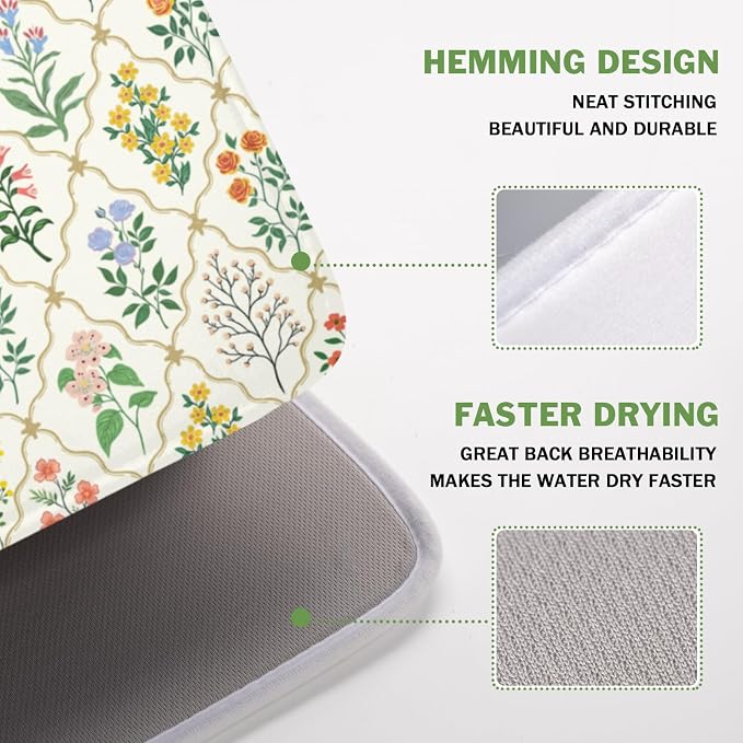 Floral Dish Drying Mat for Kitchen Counter Spring Summer Wild Flowers Diamond - Image 4