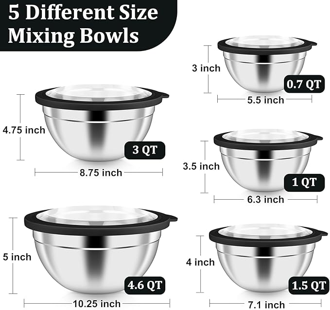 P&P CHEF Mixing Bowls with Visible Airtight Lids Set of 5, 10-Piece Stainless - Image 2