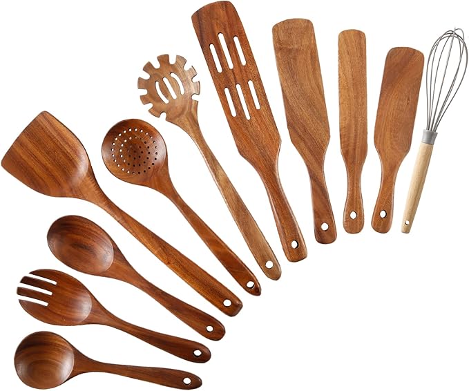 Wooden Spoons for Cooking 11Pcs Natural Acacia Wooden Kitchen Utensil Set by MBKET