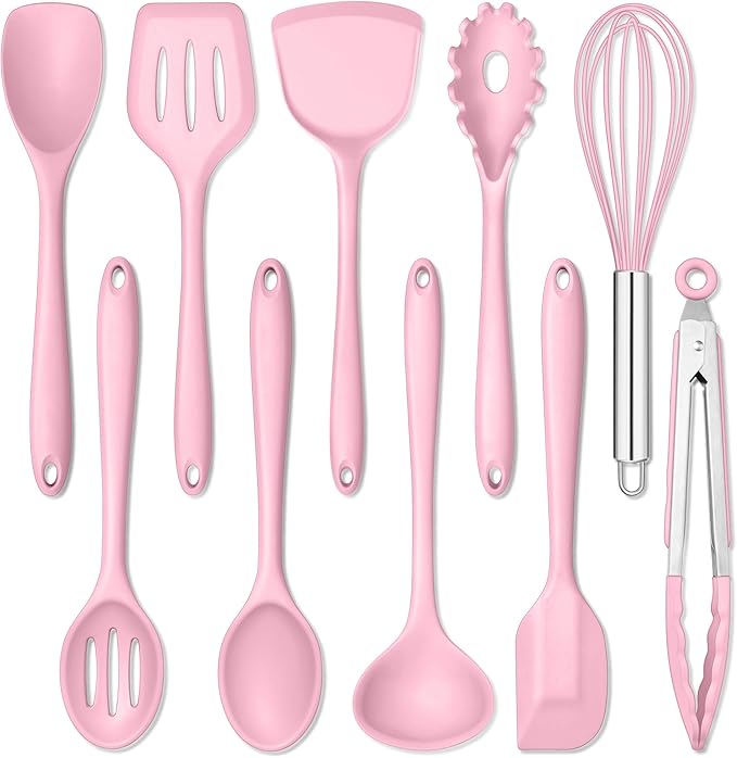 E-far Pink Silicone Cooking Utensils Set, 10-Piece Kitchen Utensil Set by E-far