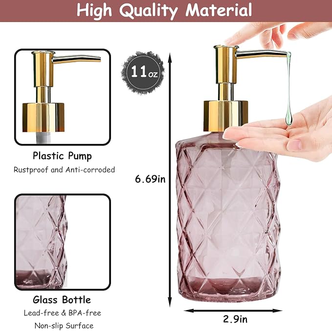 Glass Soap Dispenser with Gold Plastic Pump, 12oz Refillable Liquid Hand Soap - Image 2