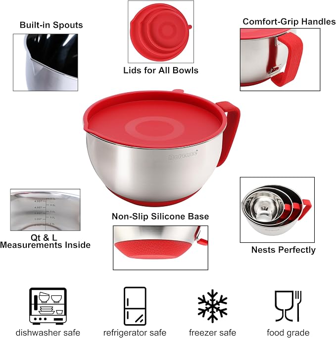 Rorence Mixing Bowls with Lids Set: Stainless Steel Mixing Bowls with Handles - Image 2