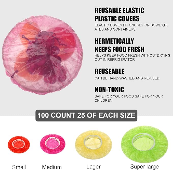 Boao 100 Pcs Reusable Bowl Covers 4 Size Plastic Color Elastic Wrap - Image 2