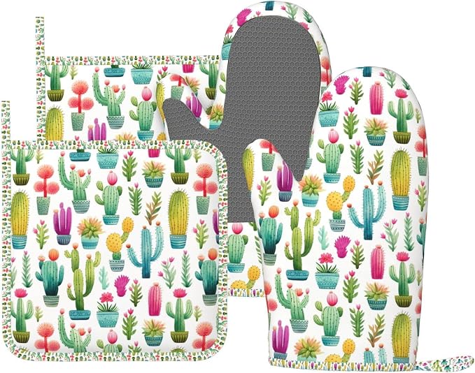 Oven Mitts and Pot Holders Set, Cactus Pattern Watercolor Silicone Kitchen by DADABULIU