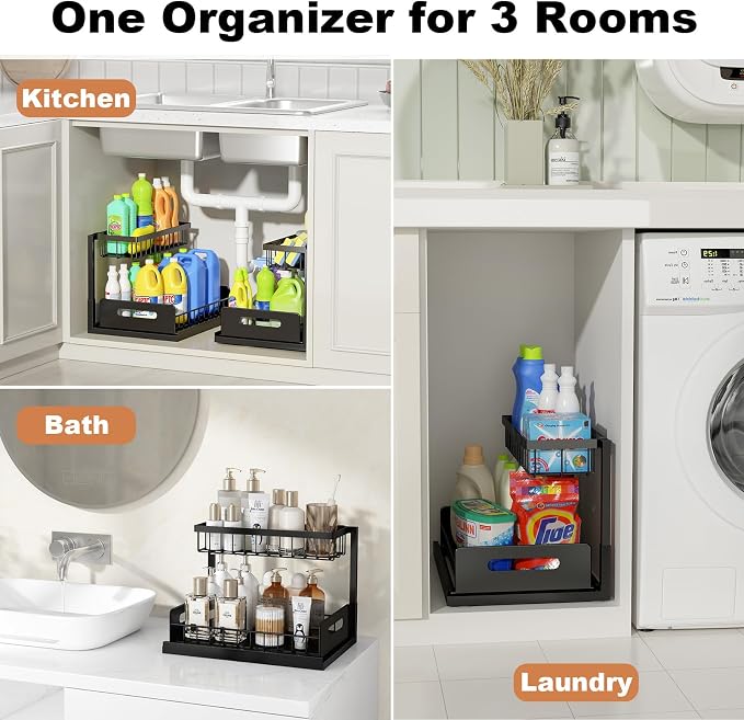 REALINN Under Sink Organizer, L-Shaped 2 Tier Pull Out Cabinet Organizer - Image 6