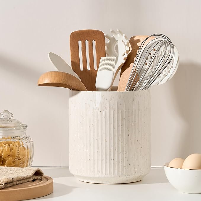JIEMEI HOME Kitchen Utensil Holder, 7.2" Large Ceramic Stable Utensil Crock by JHJIEMEIHOME