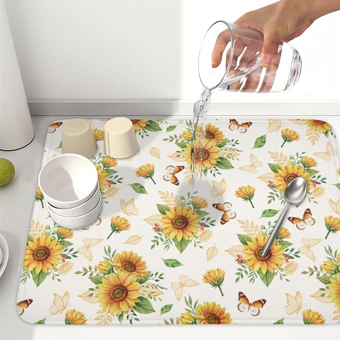 Sunflower Dish Drying Mat for Kitchen Counter Summer Yellow Floral Microfiber - Image 6