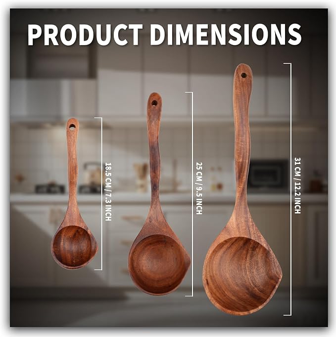 Wooden Ladle Spoon Set, 3 Size Teak Large Soup Ladel Wood Spoons - Image 4