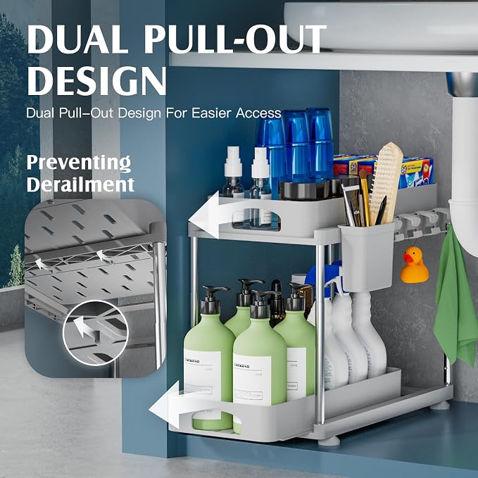 VERIFOST 2 Pack Adjustable Gray Under Sink Organizers, 2 Tier Pull Out Storage - Image 3