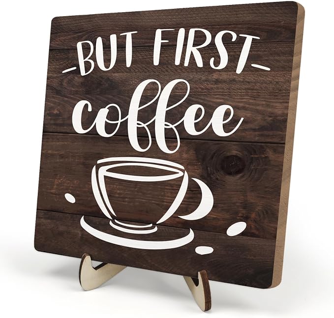 Vintage Coffee Bar Wooden Plaque Desk Sign, Farmhouse Wood Plaque Tabletop Decor by DMADNF