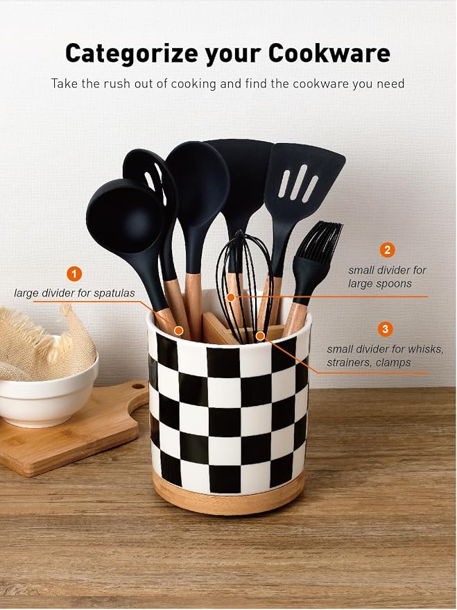 LoeJan 3 Compartment Utensil Holder, Extra Large Utensil Crock, Stable Ceramic - Image 2