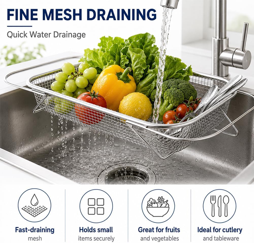 Stainless Steel Telescopic Drainer Basket Adjustable with Handles,M
