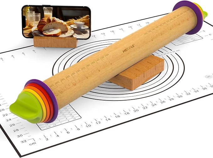 Rolling Pin with Thickness Rings and Pastry Baking Mat, 13.6" Adjustable Wooden by MeppleMakeYourLifeSimple