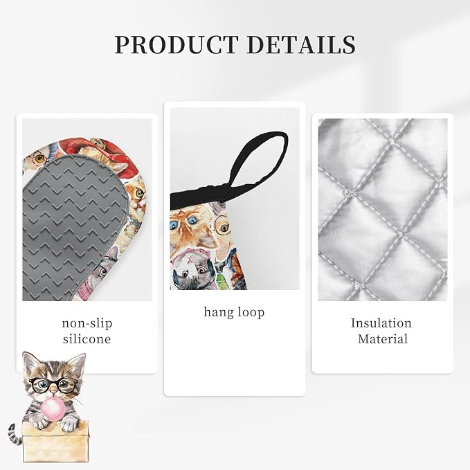 Cute Cat Oven Mitts and Pot Holders Sets 3PCS, Cat Silicone Heat Resistant Oven - Image 3