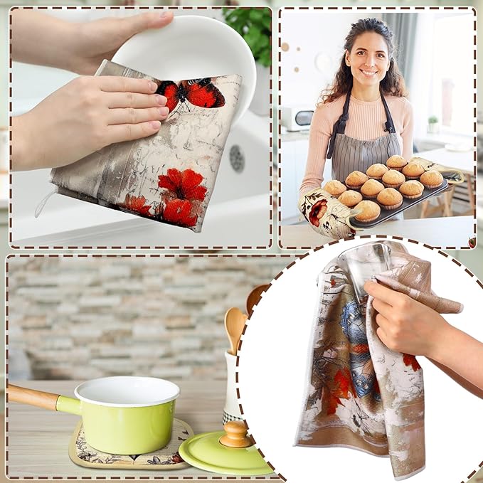 Fourluoo 10 Pcs Butterfly Kitchen Dish Towels Rugs Oven Mitts and Pot Holders - Image 6