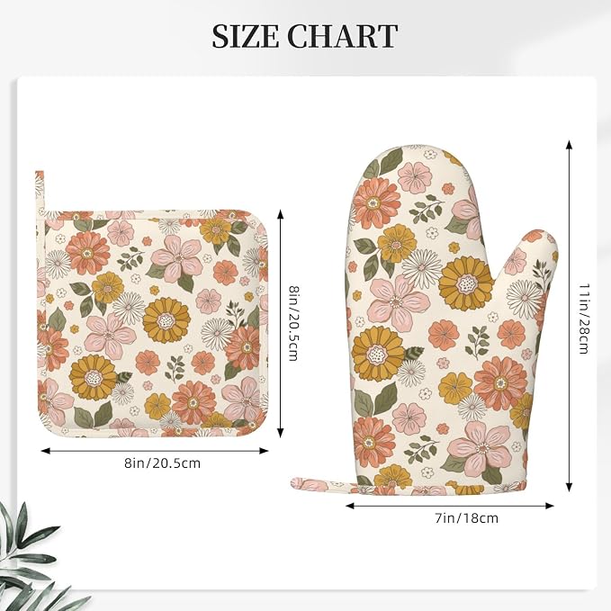 Retro 70s Style Flower Oven Mitts and Pot Holders Set of 4 Silicone Retro Boho - Image 3