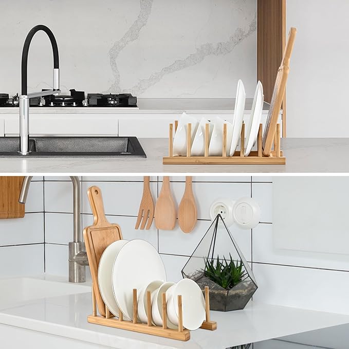 INNERNEED Bamboo Wooden Dish Rack, Vertical Plate & Lid Organizer - Image 6