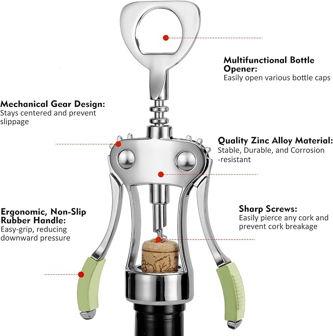 KORCCI Wine Opener, Heavy-Duty Zinc Alloy Wing Corkscrew, Premium Beer Bottle - Image 3