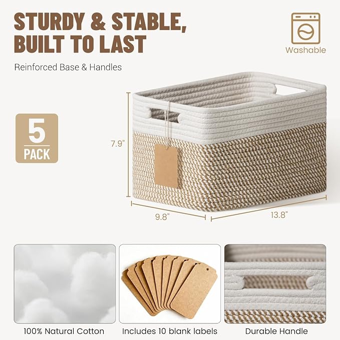 5 Pack Woven Storage Baskets for Shelves, Decorative Basket Organizer Storage - Image 5