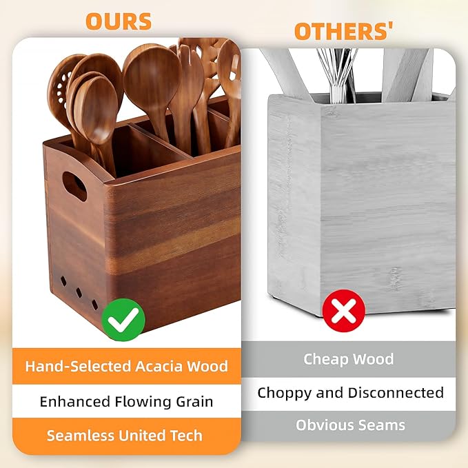Natural Acacia Wood Utensil Holder - Image 3