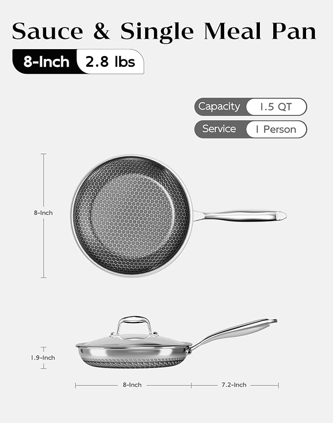 Frying Pan Nonstick With Lid, 8 Inch Non Stick Induction Cookware, Stainless - Image 2