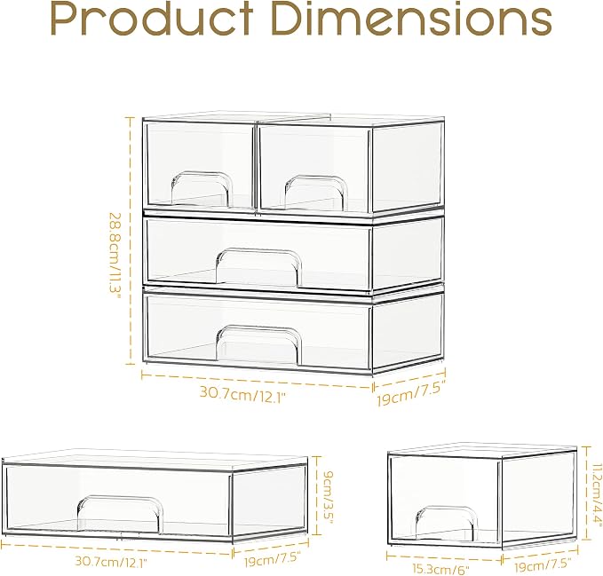Criusia Stackable Storage Drawers, 4 Pack Clear Plastic Makeup & Bathroom - Image 2
