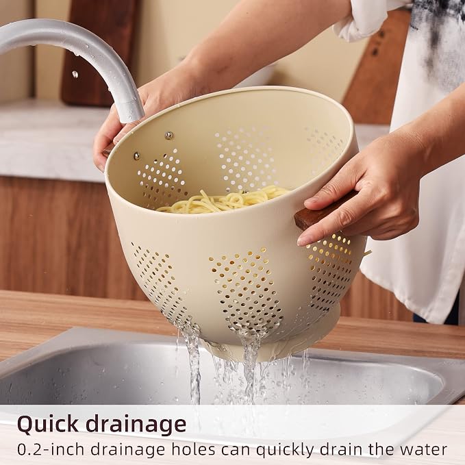 BeFare Metal Colander with Wood Handle and Stable Base, Powder Coated Steel - Image 3