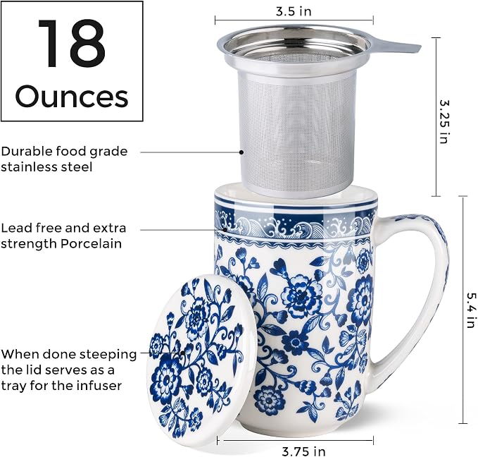 AmorArc Porcelain Tea Mug with Infuser and Lids, 18 Oz Coffee Cup Strainer with - Image 2